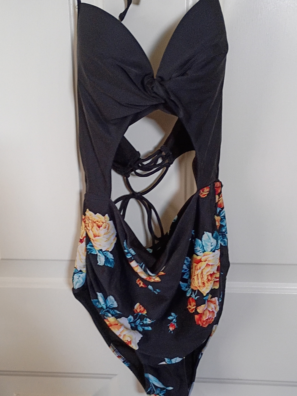 Cupshe Black Swimsuit with Yellow and Blue Floral Accents